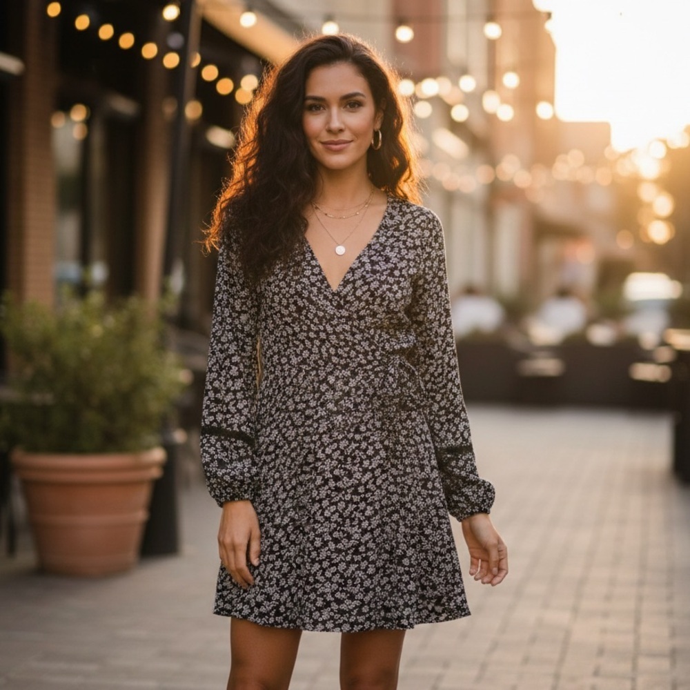 Hollister Black Floral Wrap Mini Dress | Long Sleeve Keyhole | Size Small